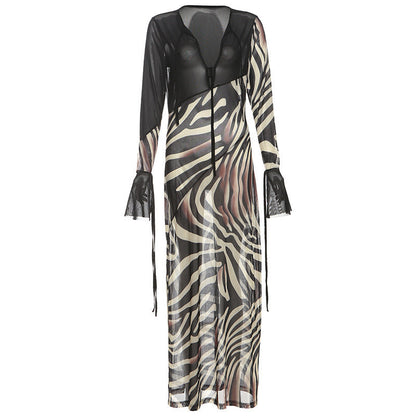 Summer Color Contrast Printed Sexy V neck Mesh Long Sleeve Dress  DestGlow