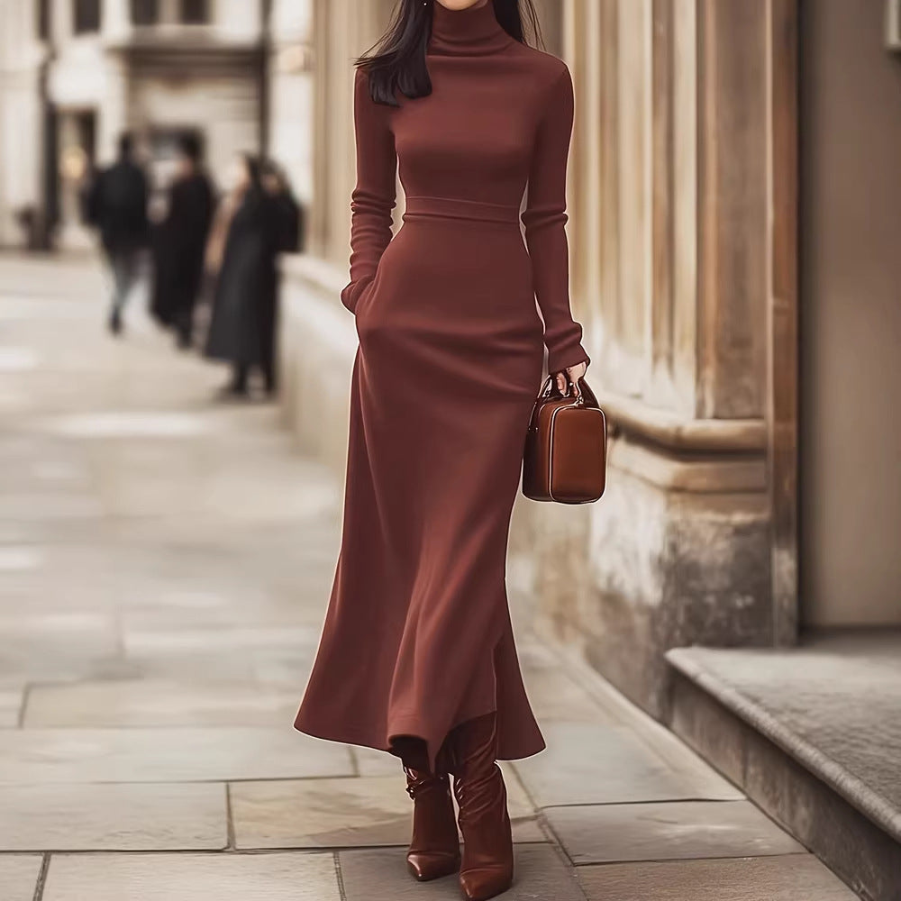 Spring Autumn Women Clothing High Collar Slim Fit Long Sleeves Knitted Dress by Ragazza