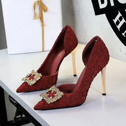 French Rhinestone Square Buckle Side Hollow Out Cutout Slip on Super High Heel Satin Gentle Elegant Stiletto Wedding Shoes  DestGlow