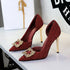 French Rhinestone Square Buckle Side Hollow Out Cutout Slip on Super High Heel Satin Gentle Elegant Stiletto Wedding Shoes  DestGlow