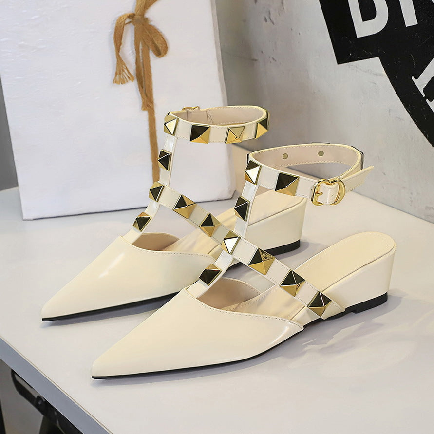 French Wedge Pointed Toe Sandals Women Classic Rivet Design Buckle Comfortable Closed Toe Back Empty Shoes  DestGlow