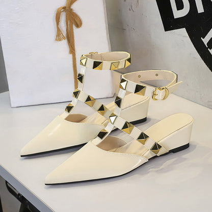 French Wedge Pointed Toe Sandals Women Classic Rivet Design Buckle Comfortable Closed Toe Back Empty Shoes  DestGlow