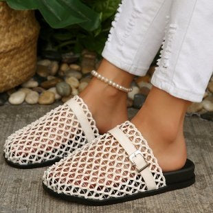 Weaving Hollow Out Cutout Thick Bottom Toe Cap Mules Slippers Women Outer Wear Breathable Belt Buckle Beach Slippers  DestGlow