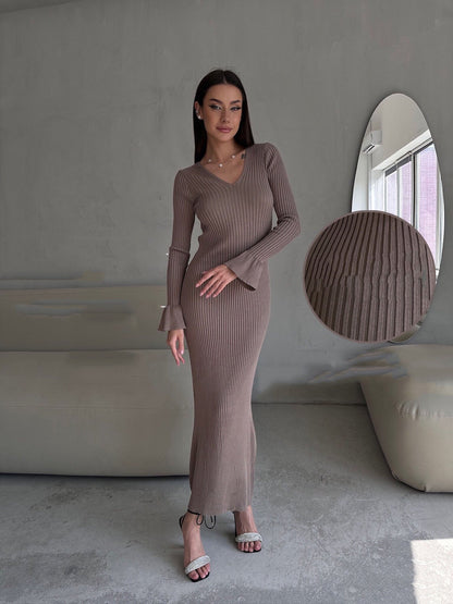 Long Sleeve V neck Tight Knitted Dress Solid Color Rib Fabric Wool Long Autumn Winter Dress by Ragazza