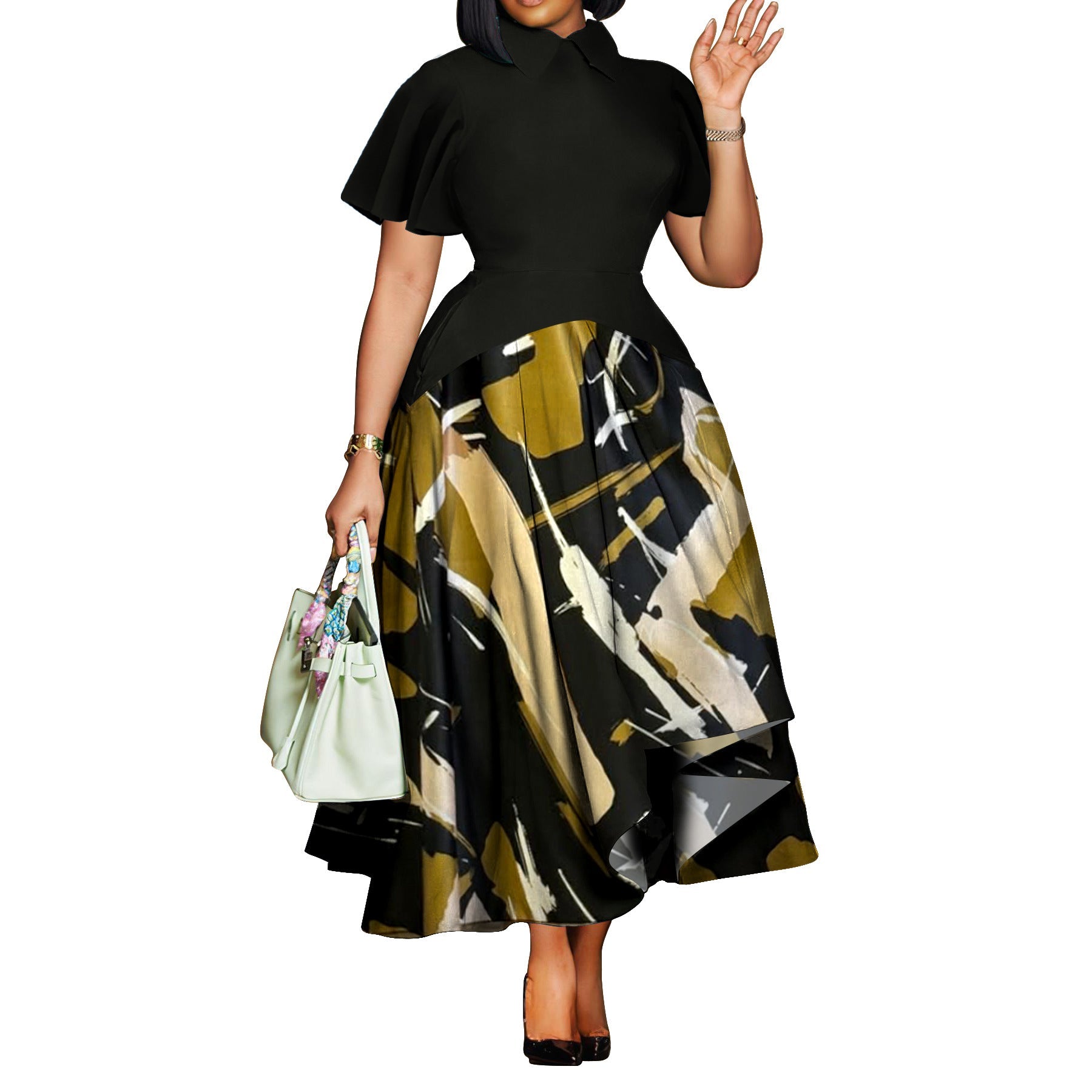 Plus Size Women Clothing Summer Fashionable Elegant Collared Ruffle Sleeve Dress Large Swing African Dress With pockets by Ragazza