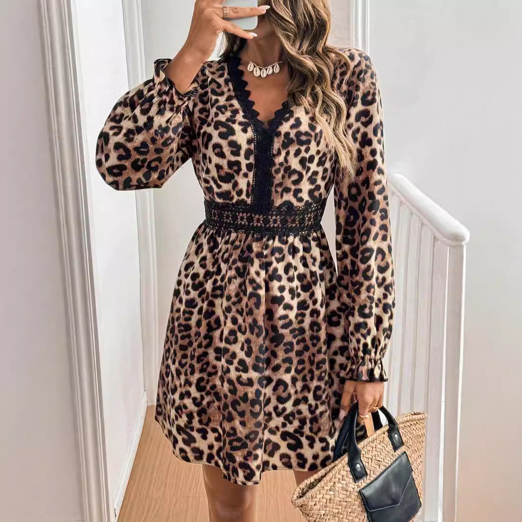 French Lady Vintage V neck Leopard Print Long Sleeve Lace Patchwork Long Sleeve Dress by Ragazza