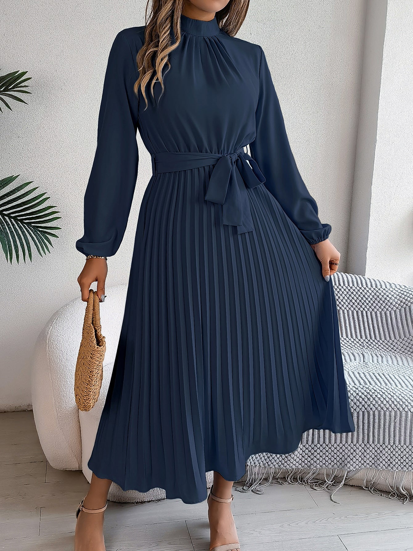 Autumn Winter Elegant Stand Collar Long Sleeve Cinched Pleated Maxi Dress Small Dress Women Clothing  DestGlow