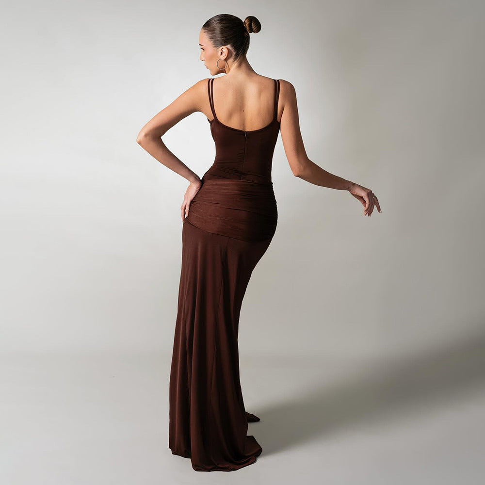 Dress Sexy Slim Fit Maxi Dress Backless Brown Pleating Ribbon Dress by Ragazza