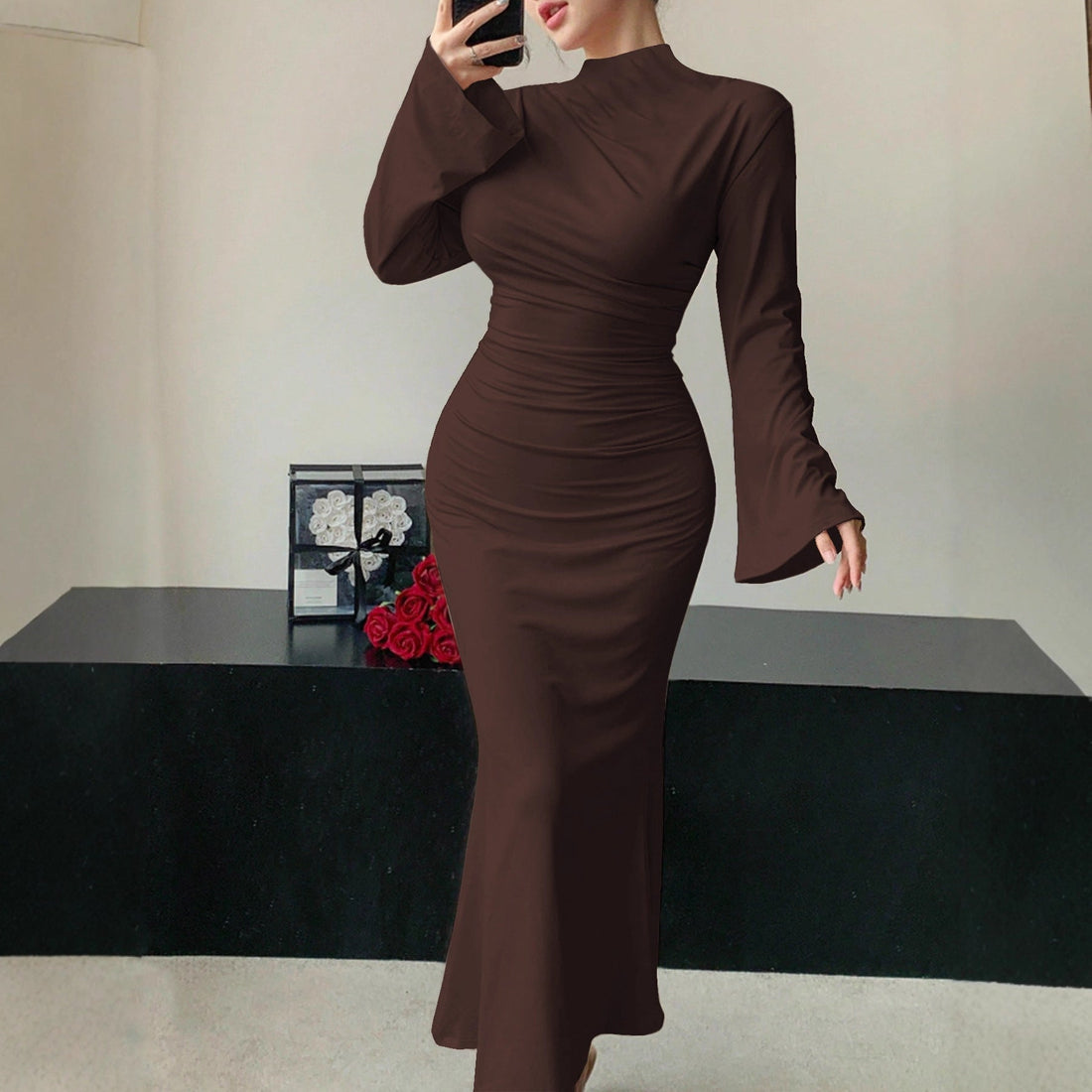Sexy Minimalist Dress Slim Fit Wild Bell Sleeve Half Turtleneck Sheath Dress by Ragazza