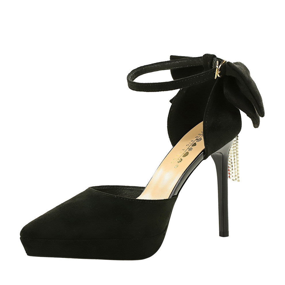 Cocktail Black Platform Pointed Toe Buckle Suede Back Bow Rhinestone Sandals  DestGlow