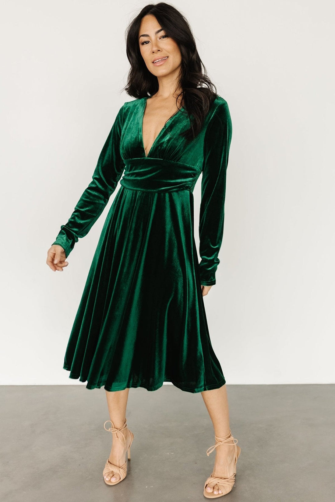 Dress Gold Velvet Sexy V neck Waist Controlled Long Sleeves Large Swing Dress by Ragazza