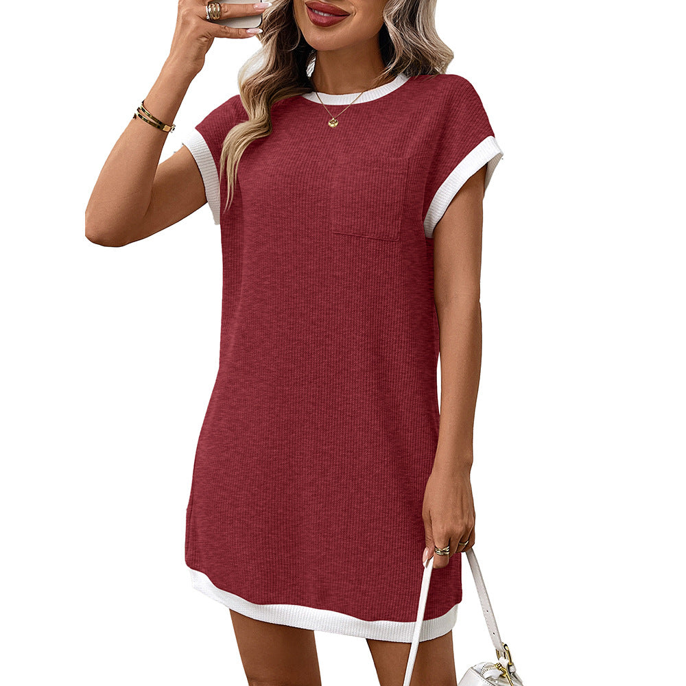 Summer Women Solid Color Casual Contrast Color Short Sleeve Pocket Dress by Ragazza