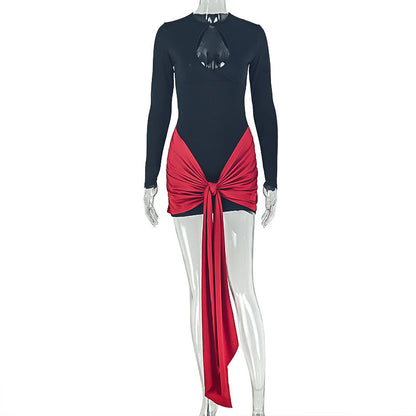 Women Wear Color Matching Black Red Hip Dress round Neck Long Sleeve Hollow Out Cutout Pleated Dress  DestGlow
