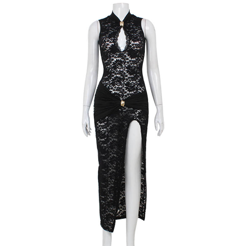 Sexy Hollow Out Cutout out Lace Design Sleeveless Slim Cheongsam High Slit Dress Women by Ragazza