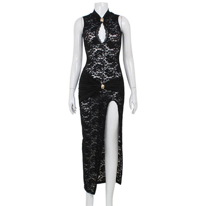 Sexy Hollow Out Cutout out Lace Design Sleeveless Slim Cheongsam High Slit Dress Women by Ragazza