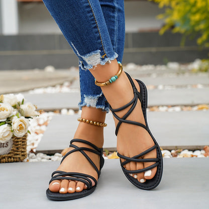 Thin Band Elastic Band Flat Sandals Women Solid Color Open Toe Lightweight Beach Slippers  DestGlow