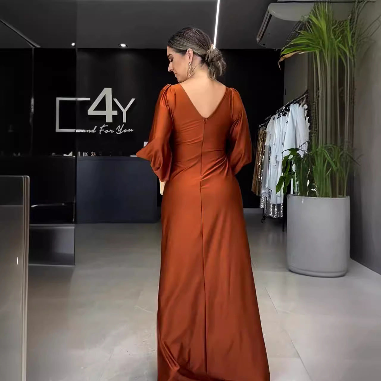 Summer Collar Solid Color Long Sleeve Slim Fit Slit Noble Dress by Ragazza