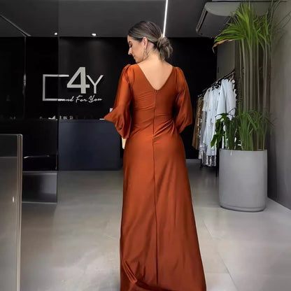 Summer Collar Solid Color Long Sleeve Slim Fit Slit Noble Dress by Ragazza