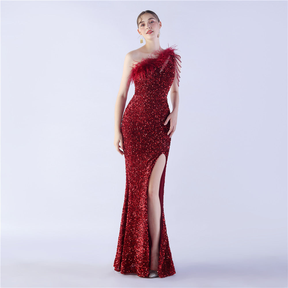 Ostrich Hair Craft Oblique Shoulder Side Slit High End Evening Dress by Ragazza