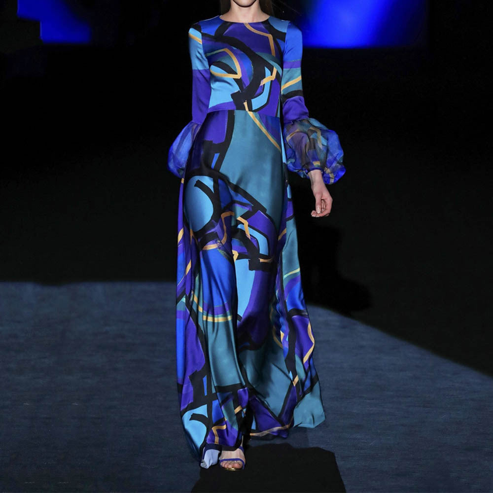 Blue Color Mid Waist Hepburn Office Maxi Dress Printing Dress by Ragazza