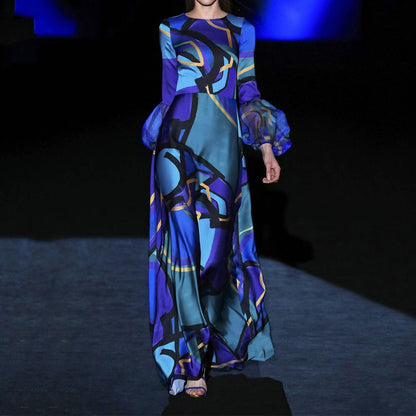 Blue Color Mid Waist Hepburn Office Maxi Dress Printing Dress by Ragazza
