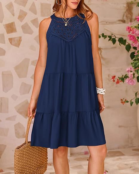 Women Clothing Popular Hollow Out Cutout Lace Stitching Halter A line Dress by Ragazza