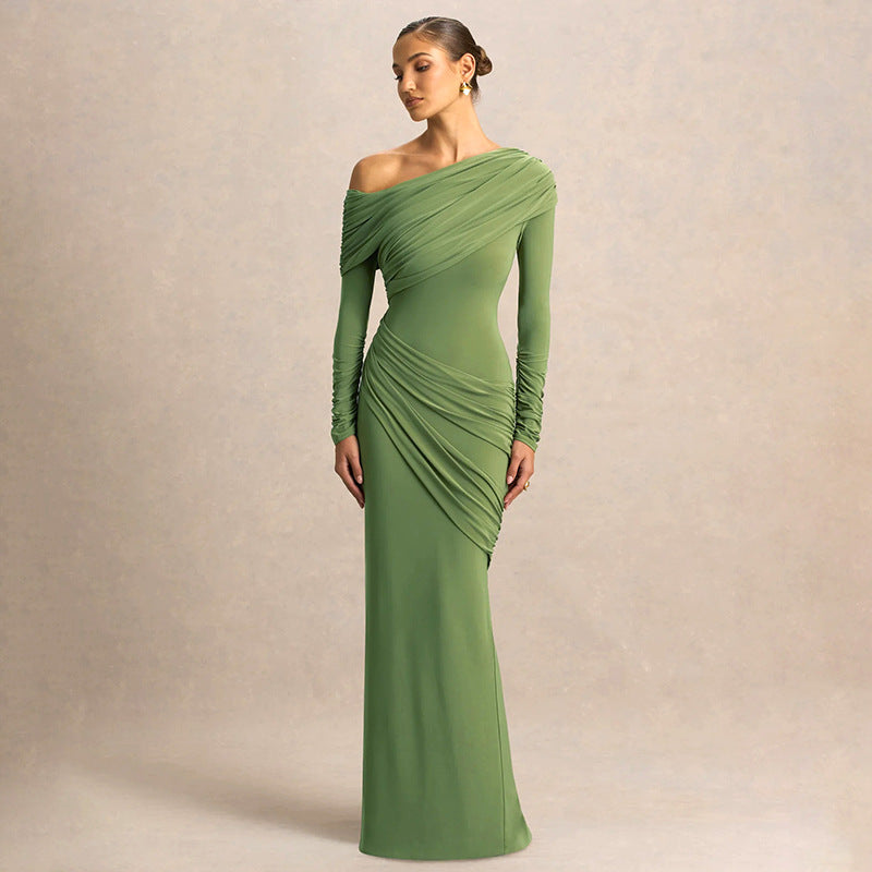 Women Clothing Autumn Winter Solid Color Elegant Slim Fit Asymmetric Neckline Pleated Dress by Ragazza