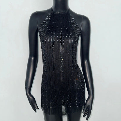 Sexy Dress Skinny Mesh Halterneck Fishnet Rhinestone Tassel Dress Nightclub Party Cami Dress by Ragazza