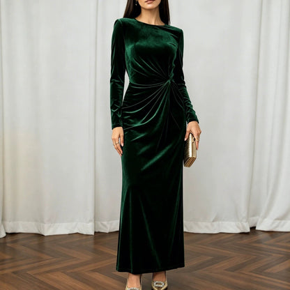 Light Luxury Matte Velvet Maxi Dress Long Sleeve round Neck Twisted Waist Flab Hiding Cocktail Dress  DestGlow