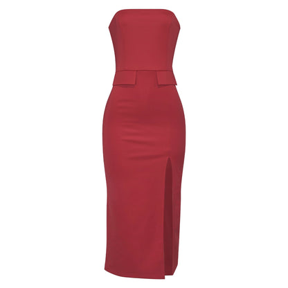 Solid Color Pocket Sleeveless Sexy Bandeau Slim Fit High Waist Short A line Dress by Ragazza