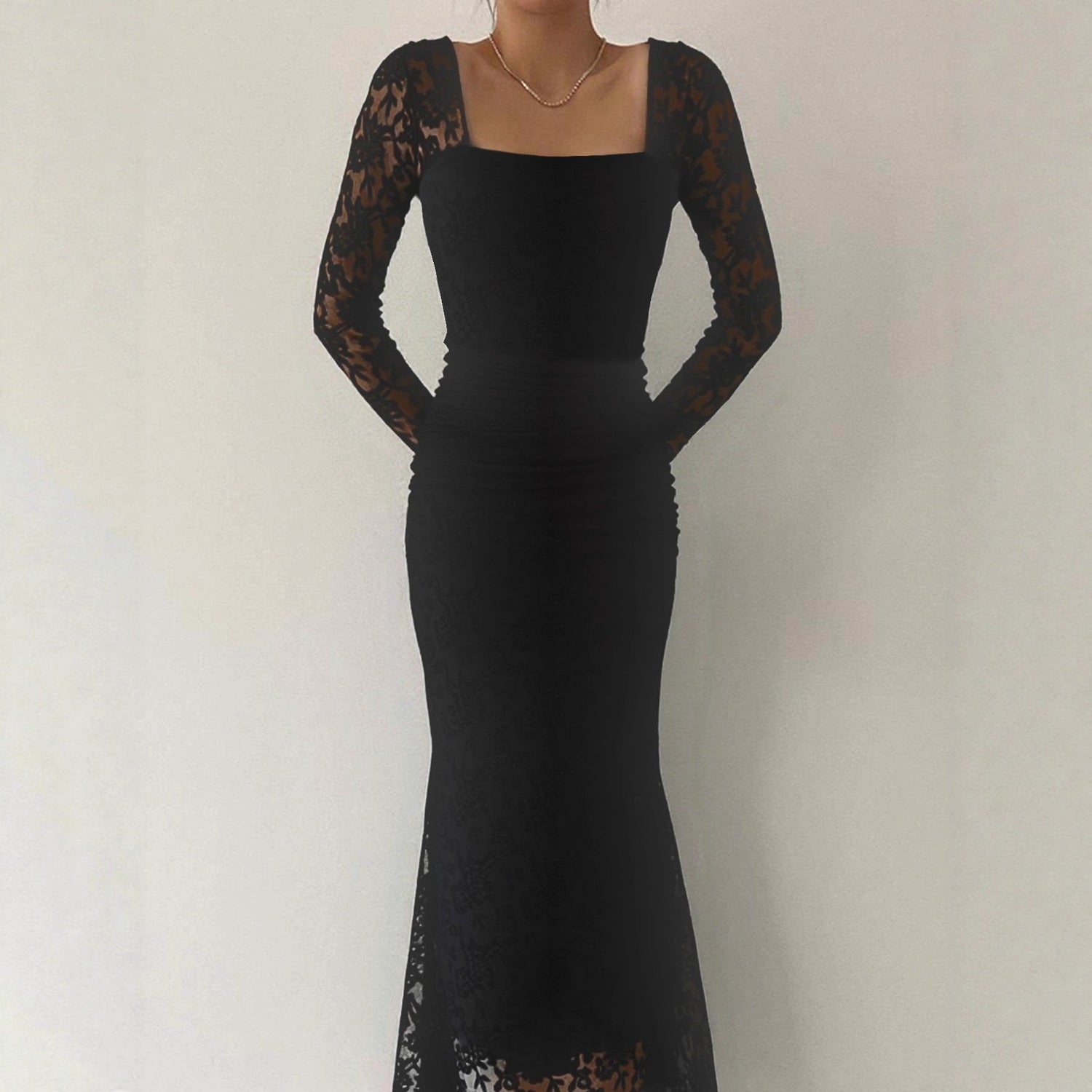 Autumn Winter Women Clothing Fashionable Elegant Lace Stitching Square Collar Slimming Pleated Maxi Dress by Ragazza