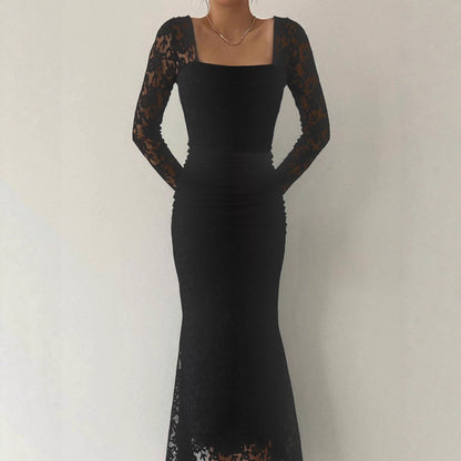 Autumn Winter Women Clothing Fashionable Elegant Lace Stitching Square Collar Slimming Pleated Maxi Dress by Ragazza