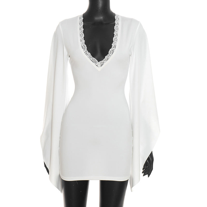Women Clothing Autumn Solid Color Casual Lace Flared Long Sleeve Bodycon Dress  DestGlow