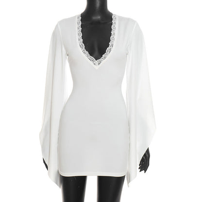 Women Clothing Autumn Solid Color Casual Lace Flared Long Sleeve Bodycon Dress  DestGlow