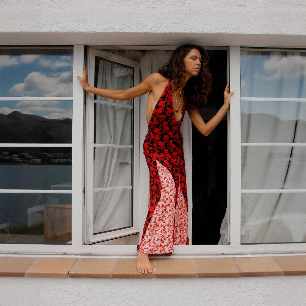 Women Clothing Fall Slim Fit Slim Backless Polka Dot Brace Maxi Dress Commuting by Ragazza
