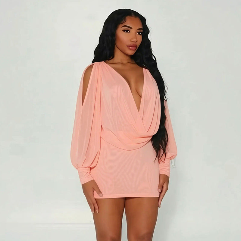 Women Clothing Summer Solid Color Casual Long Sleeves Draped Collar Backless Slim Fit Lace up Short Dress  DestGlow