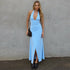 Women Clothing Sexy V neck Solid Color Sleeveless Halter Lace-up Backless Pleated Waist Tight Slimming Slit Dress by Ragazza