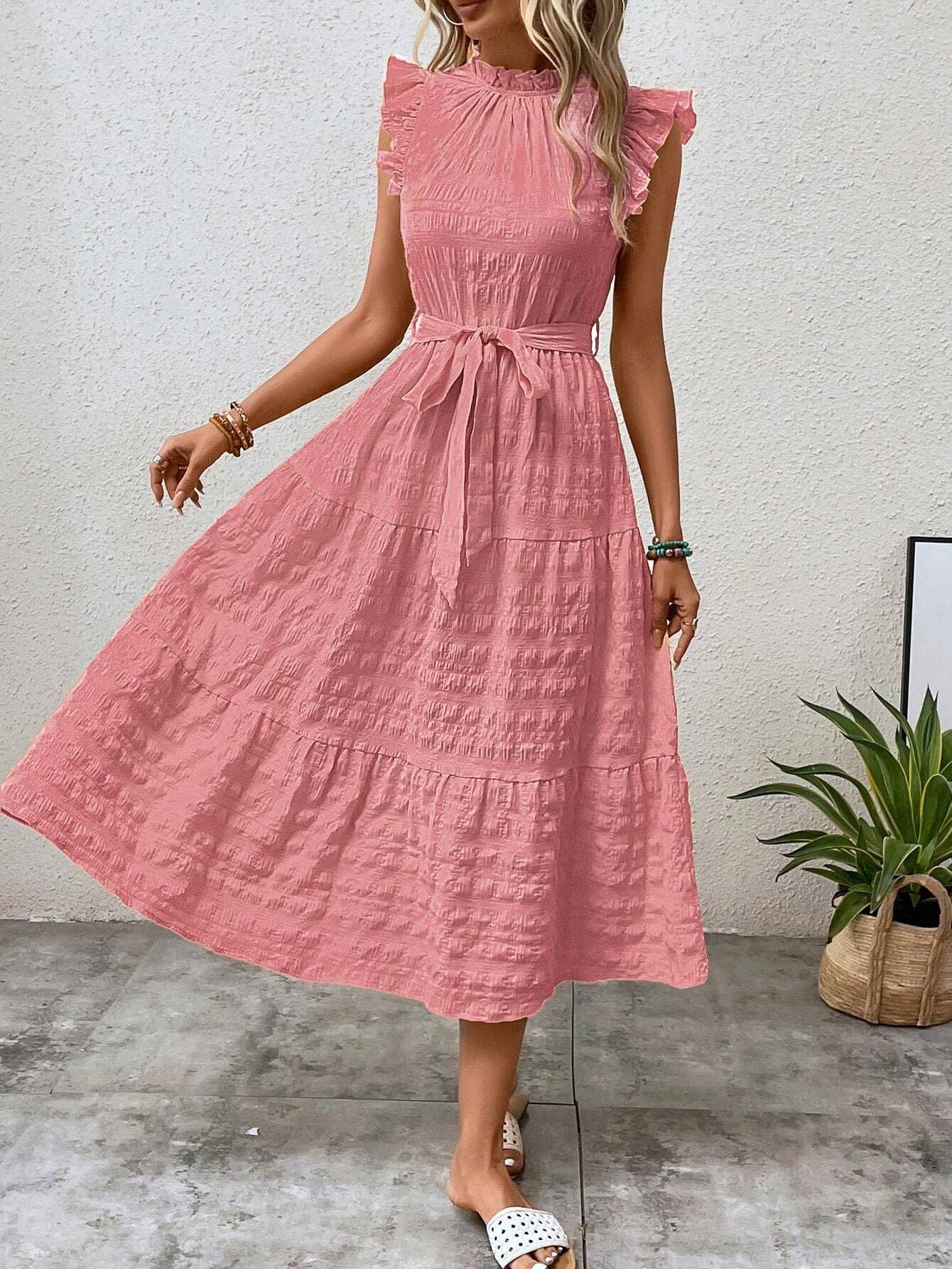 Women Clothing Summer Fashionable Stringy Selvedge Flying Sleeves Lace Up Texture Dress by Ragazza
