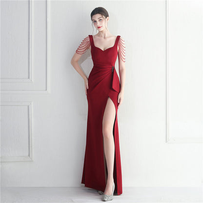 Craft Beaded Car Model Bridesmaid Performance Wedding Long Slit Evening Dress by Ragazza