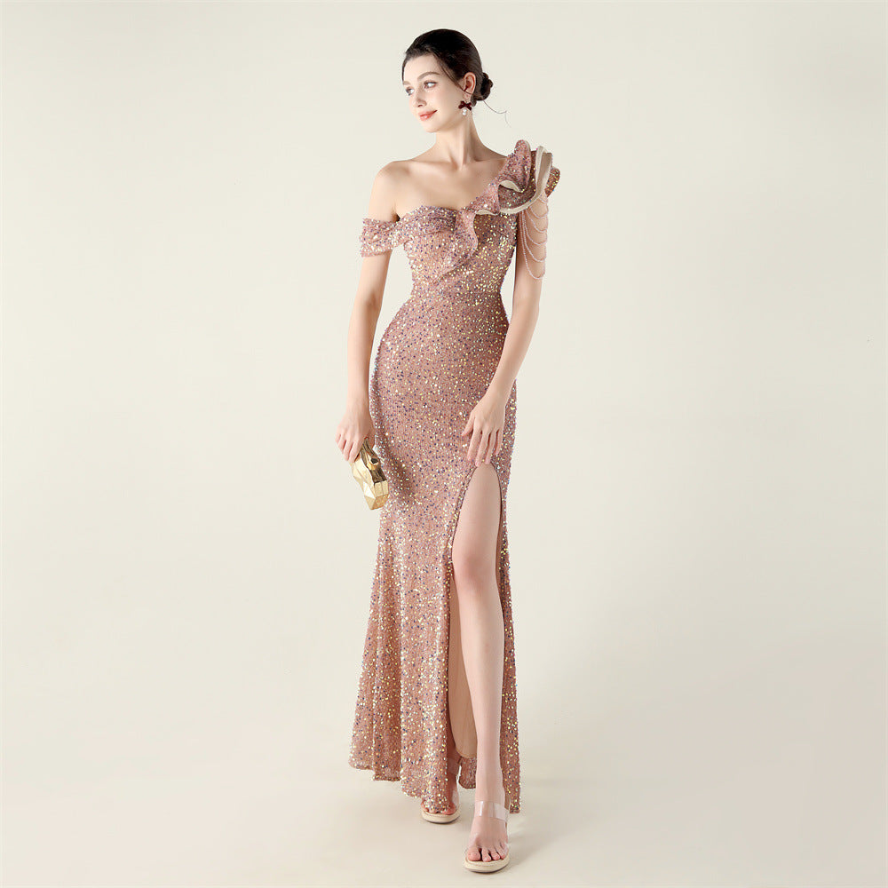 One Shoulder Pleated Ruffled Embellished Beaded Chain Sequined Evening Dress Cocktail Wedding Red Carpet by Ragazza
