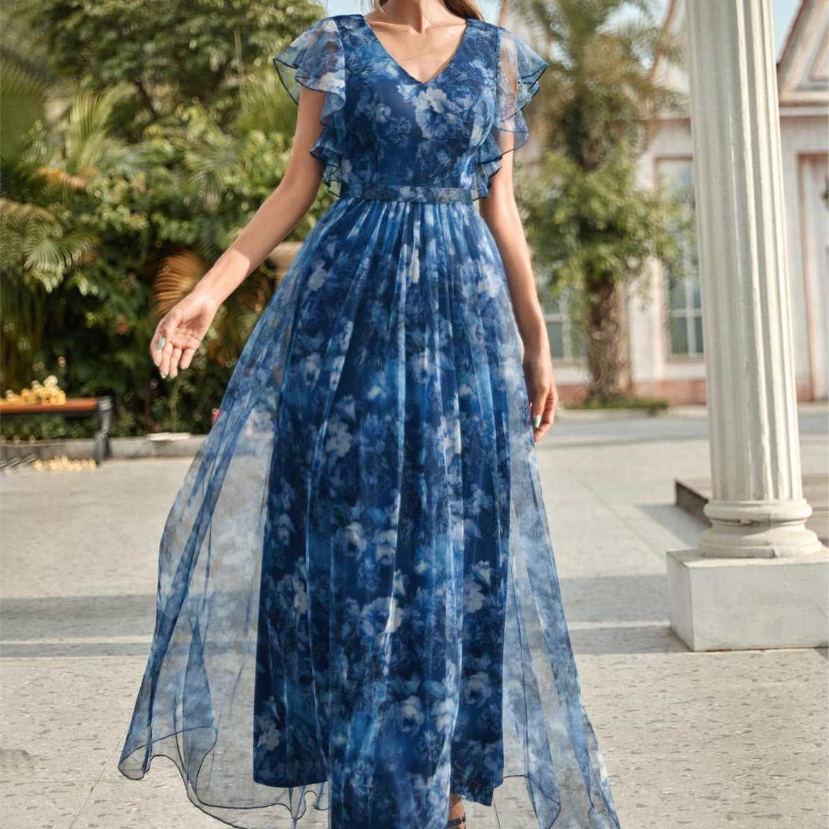 Evening Dress V neck Printed Mesh Ruffled Large Swing Party Dress Bridesmaid Dress Dance Dress Spring A Line by Ragazza
