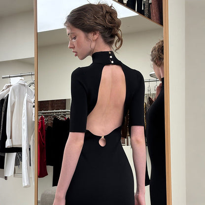 Summer Women Clothing French Half Turtleneck Backless Waist Trimming Dress  DestGlow