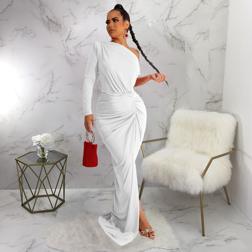 Women Clothing Autumn Oblique Shoulder Pleated Solid Color Dress Maxi Dress by Ragazza