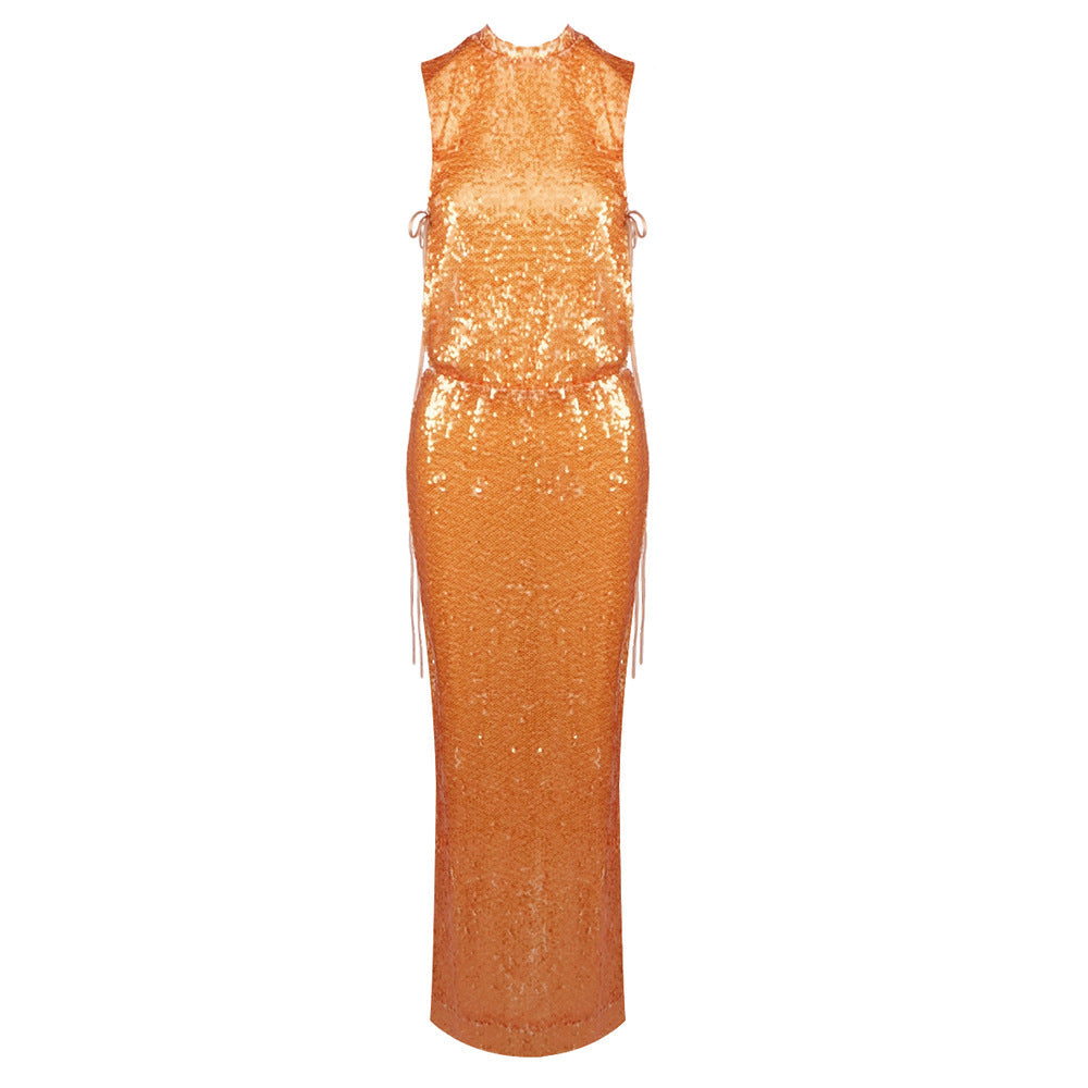 Women Clothing Autumn Winter Yellow Orange Transparent Sequin Dress Sleeveless round Neck Evening Maxi Dress Gold by Ragazza