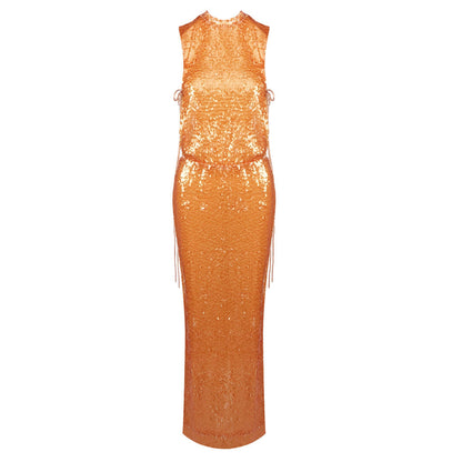 Women Clothing Autumn Winter Yellow Orange Transparent Sequin Dress Sleeveless round Neck Evening Maxi Dress Gold by Ragazza