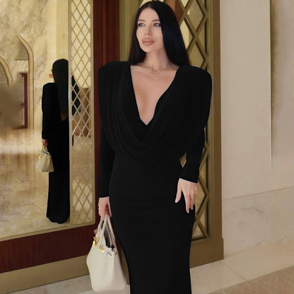 Fall Women Clothing Sexy Backless Swing Collar Slim Pleated Solid Color Long Sleeve Dress by Ragazza