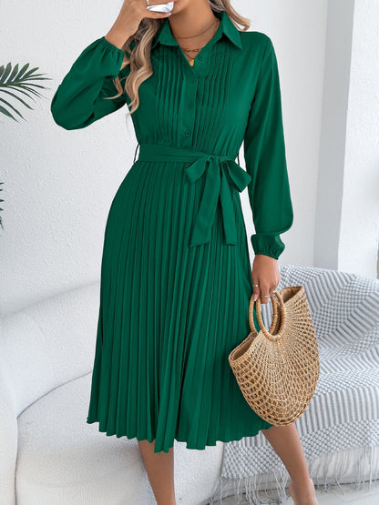 Spring Summer Elegant Solid Color Collared Long Sleeve Cinched Pleated Dress Women Clothing by Ragazza
