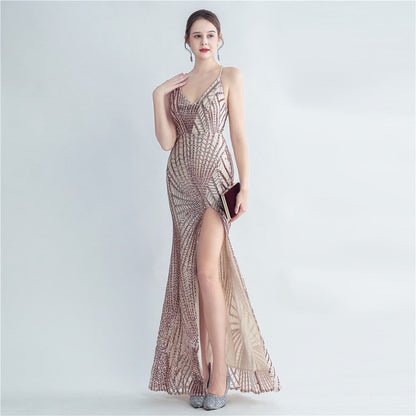 High Density Sequ Binding Waist Shaping Side Slit High End Evening Dress by Ragazza