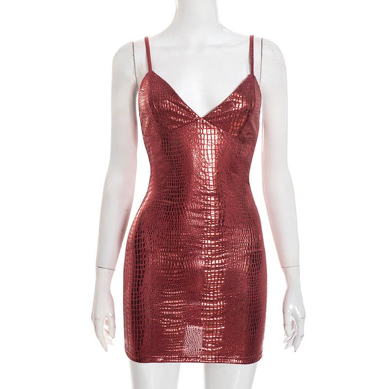Women Clothing Winter Solid Color Sleeveless Stitching Bronzing Strap Tight Short Dress by Ragazza