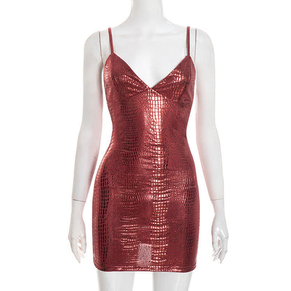 Women Clothing Winter Solid Color Sleeveless Stitching Bronzing Strap Tight Short Dress by Ragazza